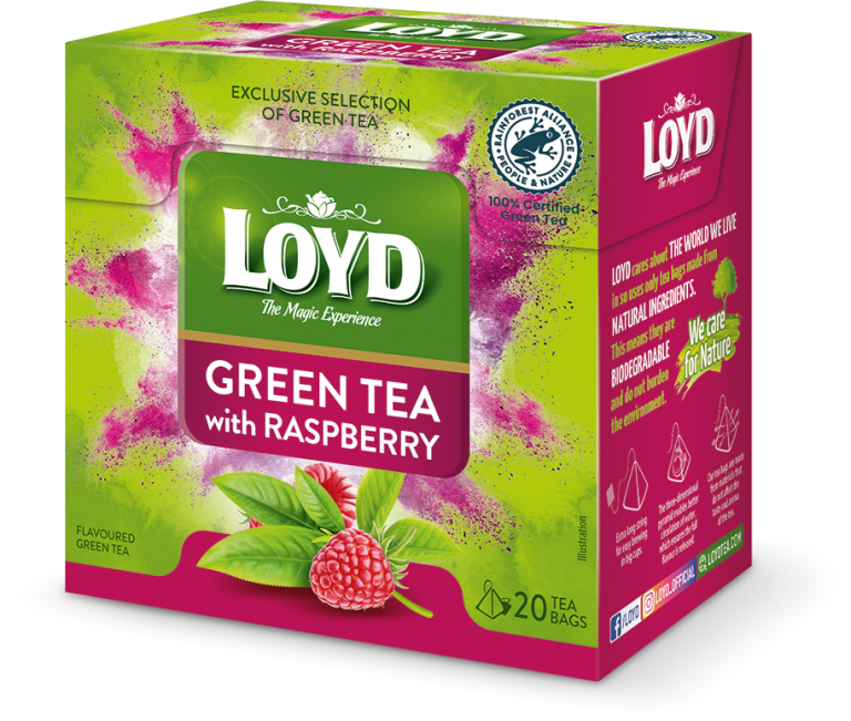 Loyd Green Tea with Raspberry ароматизированный зелёный чай со вкусом апельсина и мандарина в пакетиках 30 г (20 шт.)